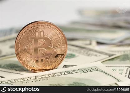 copper bitcoin top dollar bills. Resolution and high quality beautiful photo. copper bitcoin top dollar bills. High quality beautiful photo concept