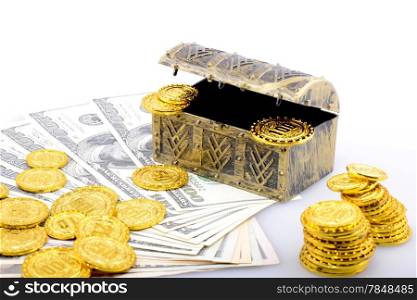 Copper box with gold coins and dollar banknotes