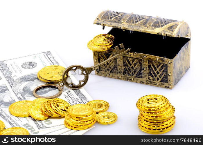 Copper box with gold coins and dollar banknotes