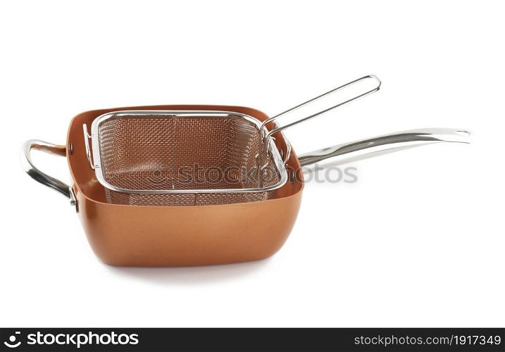 copper deep frying pan on white background