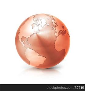 copper globe 3D illustration north and south america map on white background