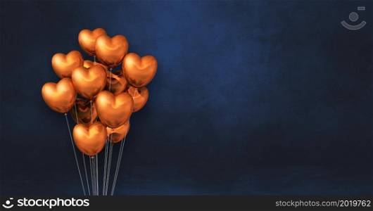 Copper heart shape balloons bunch on a black wall background. Horizontal banner. 3D illustration render. Copper heart shape balloons bunch on a black wall background. Horizontal banner.