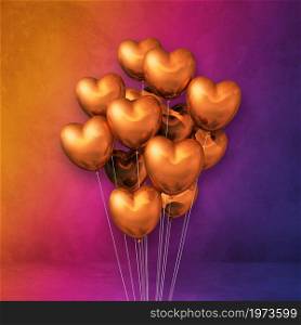 Copper heart shape balloons bunch on a rainbow wall background. 3D illustration render. Copper heart shape balloons bunch on a rainbow wall background