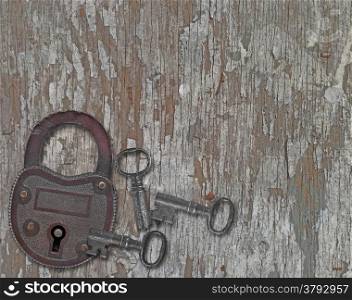 copper padlock and a keys on a weathered old wooden panel
