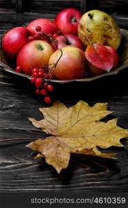 Copper tray with apples. Harvest of juicy autumn apples in vase for fruits