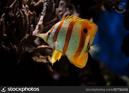 Copperband butterflyfish  Chelmon rostratus  beaked coral saltwater aquarium fish underwater. Copperband butterflyfish Chelmon rostratus