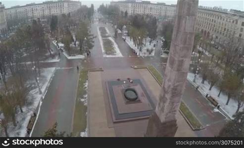 Copter shot of Square of Fallen Fighters in Volgograd, Russia with eternal flame in memory of World War 2