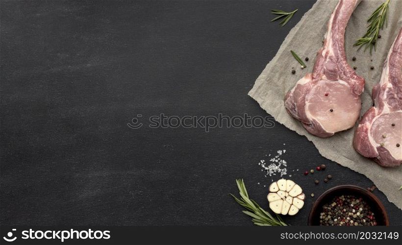 copy space raw meat baking paper
