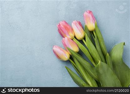 copy space tulips bouquet table