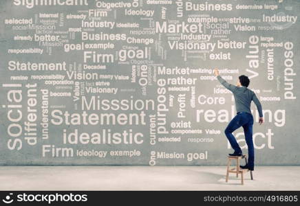 Copyright concept. Young businessman standing with back and writing different words on wall