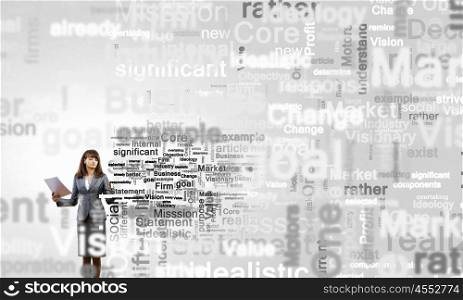 Copyright concept. Young businesswoman writing different words on screen