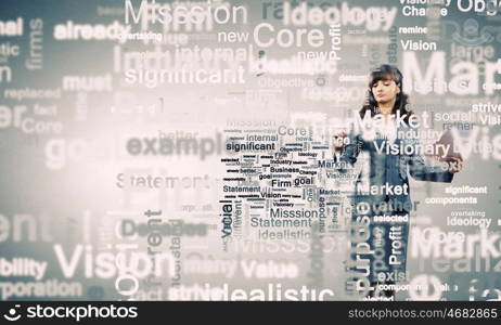 Copyright concept. Young businesswoman writing different words on screen