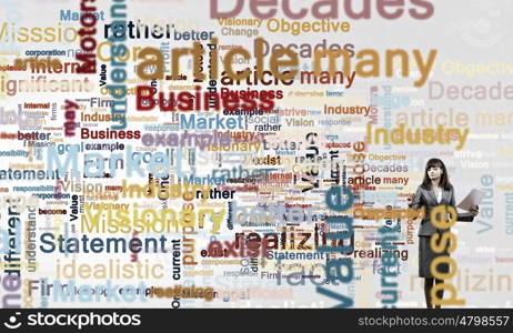 Copyright concept. Young businesswoman writing different words on screen