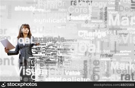 Copyright concept. Young businesswoman writing different words on screen