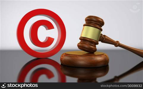 Copyright laws and intellectual property concept 3D illustration with red copyright symbol icon and a wooden gavel.