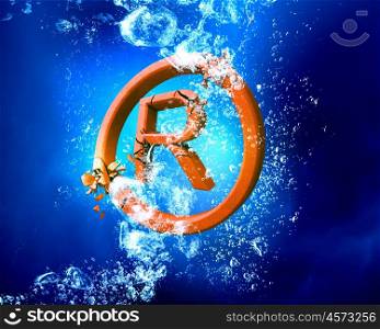 Copyright sign in water. Registered trademark sink in blue clear water