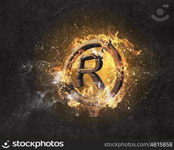 Copyright symbol burning in fire. Glowing fire copyright sign on dark background