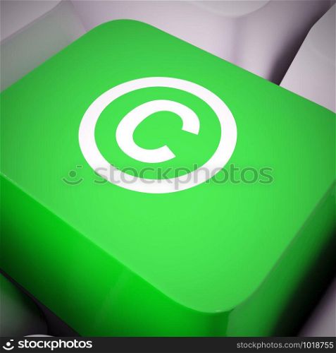 Copyrighted icon concept means protected and trademark property. Reserved rights under patent law - 3d illustration. Copyright Computer Key In Blue Showing Patent Or Trademark
