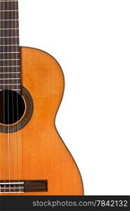 copyspace and half of spanish guitar isolated on white background