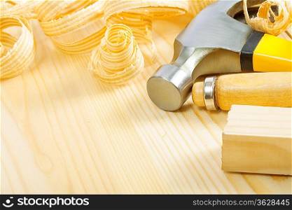 copyspace composition of carpenter tools on wooden boards