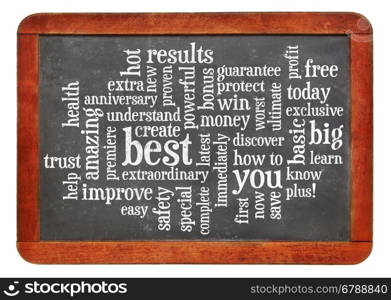 copywriting power words - word cloud on a vintage blackboard isolated on white. blackboard