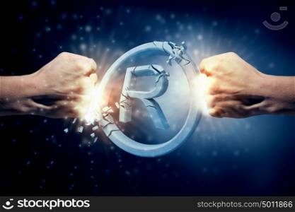 Copywriting symbol. Close up of human hand hitting rights sign with fist