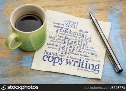 copywriting word cloud - handwriting on a napkin with a cup of coffee