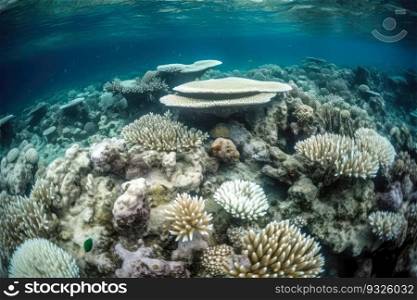 Coral reef bleaching and the Impact of El Nino on coral reefs. The once vibrant and colorful ecosystem has been stripped of its beauty, leaving behind a ghostly, lifeless shell. Generative AI. El Nino causes devastating coral reef bleaching. Generative AI.