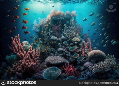Coral reef with many fish swimming underwater. Illustration Generative AI