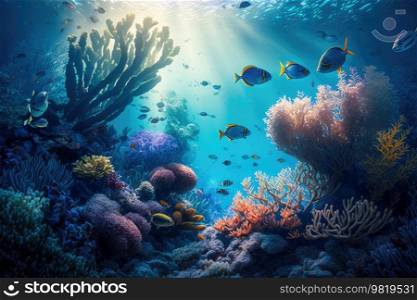 Coral reef with many fish swimming underwater. Illustration Generative AI