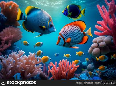 Corals and fish. Underwater world illustration. AI generative.