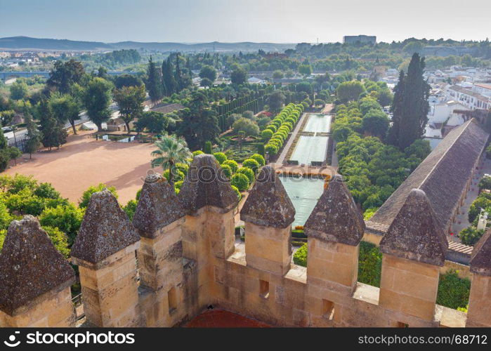 Cordoba. Aerial view of the city.. A view from the air to the city and the tiled roofs of houses from the Alcazar. Andalusia. Spain. Cordoba.