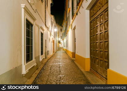 Cordoba. Old street at night.. Ancient Spanish narrow street in Cordoba at night. Andalusia.