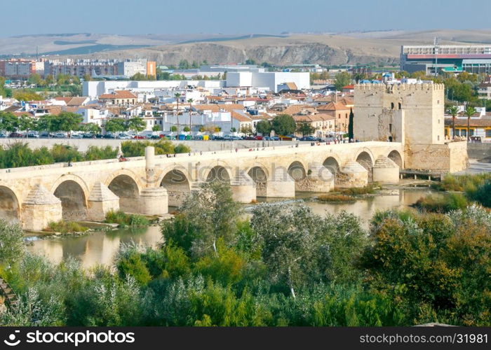 Cordoba. Roman bridge.. Aerial view of the Roman bridge over the Guadalquivir in Cordoba. Andalusia. Spain.