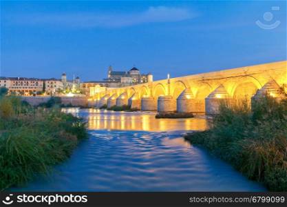 Cordoba. Roman bridge.. Stone Roman bridge over the Guadalquivir River at night. Cordoba. Andalusia.