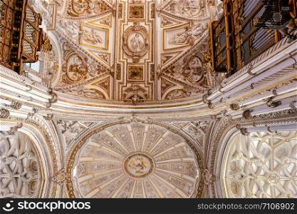 Cordoba, Spain. May 4,2017 : Beautiful ornate decorated ceiling over a chapel in the historical ancient Mezquita or Mosque?Cathedral of Cordoba, Andalusia.