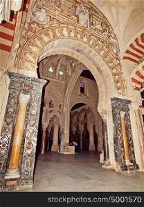 Cordoba, Spain. Mezquita - The Great Mosque (currently Catholic cathedral). UNESCO World Heritage Site. Mihrab interior.