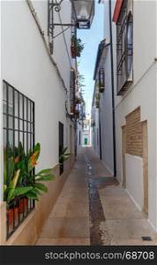 Cordoba. The old narrow city street.. Narrow street with traditional Spanish architecture in Cordoba. Spain. Andalusia.