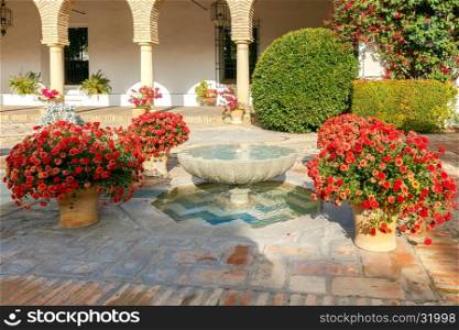 Cordoba. Traditional Spanish patio.. Patio with fountain and flowers in the interior space a Spanish home.