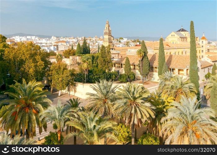 Cordova. Aerial view of the city.. Aerial view of the city and the bell tower of Mezquita from the Alcazar. Andalusia. Spain. Cordoba.