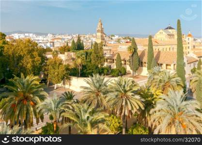 Cordova. Aerial view of the city.. Aerial view of the city and the bell tower of Mezquita from the Alcazar. Andalusia. Spain. Cordoba.