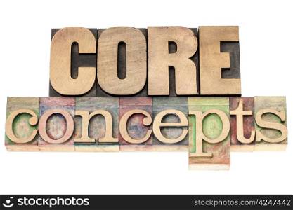 core concepts - isolated text in vintage letterpress wood type printing blocks