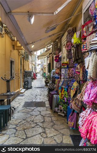 Corfu, Greece - 26 August, 2018: Greek alley on the Corfu island in Corfu town.. Greek alley on the Corfu island in Corfu town.
