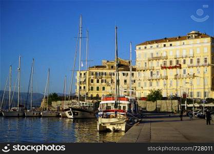 CORFU, GREECE - CIRCA MAY 2019 Boats in old port near old town