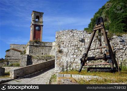 CORFU, GREECE - CIRCA MAY 2019 Clock tower in Old fortress