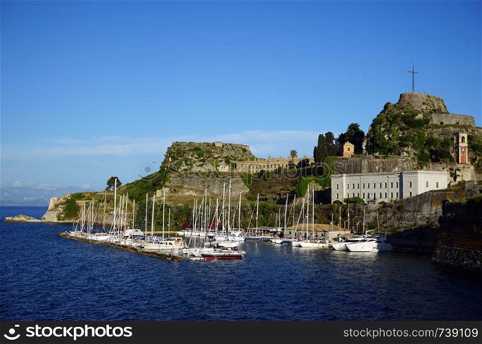 CORFU, GREECE - CIRCA MAY 2019 Marina and OLd fortress