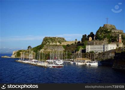 CORFU, GREECE - CIRCA MAY 2019 Marina and OLd fortress