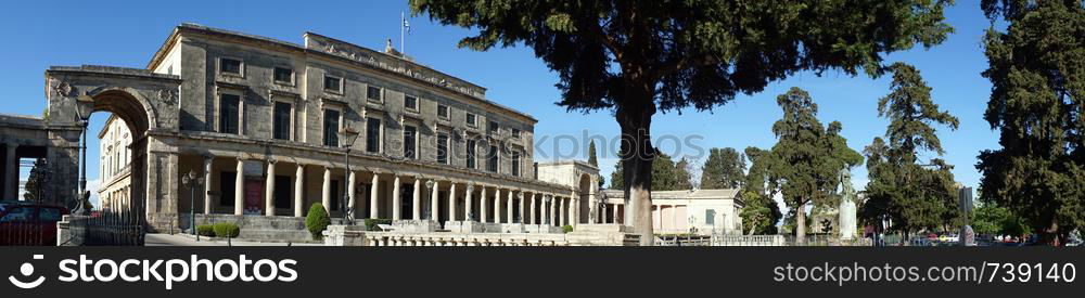 CORFU, GREECE - CIRCA MAY 2019 Panorama of Palace of St. Michael and St. George