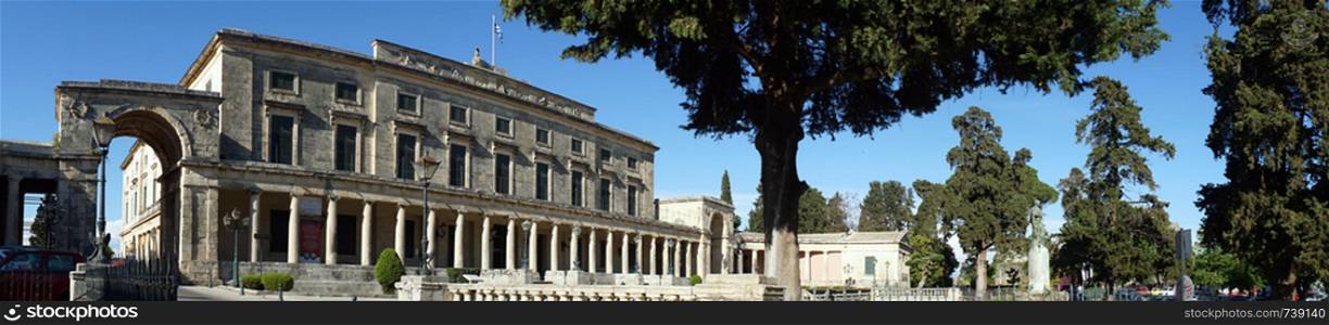 CORFU, GREECE - CIRCA MAY 2019 Panorama of Palace of St. Michael and St. George