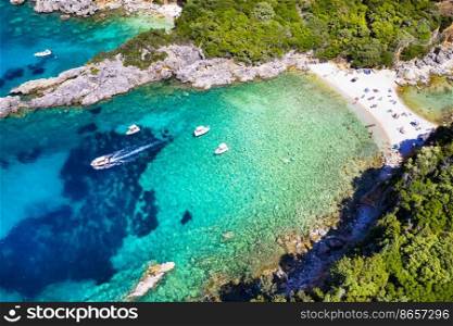 Corfu island, Greece . Aerial view of beautiful double beach with turquoise clear waters Limni beach Glyko near Paleokastritsa 